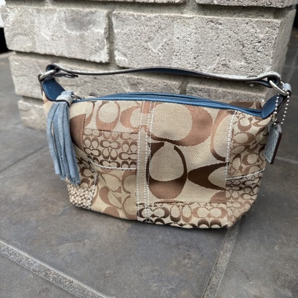 Vintage Brown Blue Coach Patchwork Logo Canvas Mini Handbag Suede Details Y2K - Picture 2 of 13